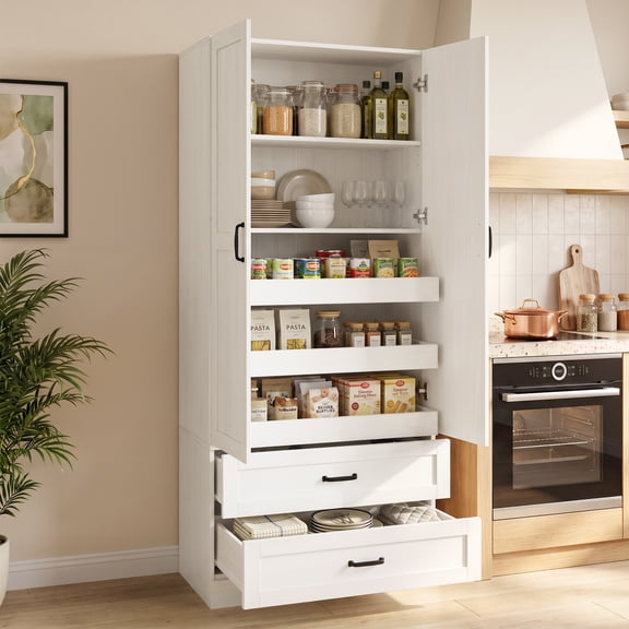 Homieasy 71" Freestanding Tall Pantry Cabinet with Pull-Out Shelves & Drawers,White – Maximize Kitchen, Living Room & Laundry Storage