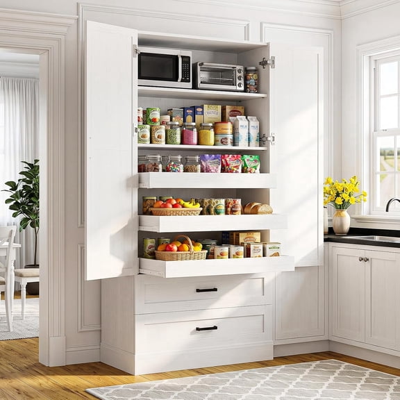 Homieasy 71" Freestanding Tall Pantry Cabinet with Pull-Out Shelves & Drawers,White – Maximize Kitchen, Living Room & Laundry Storage