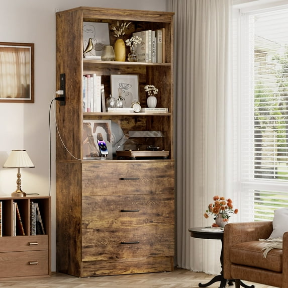 Homieasy 71" Tall Bookcases with 3 Large Drawers & 3 Shelves, Wooden Bookshelf for Living Room Office, with USB Ports & Outlets.Rustic Brown