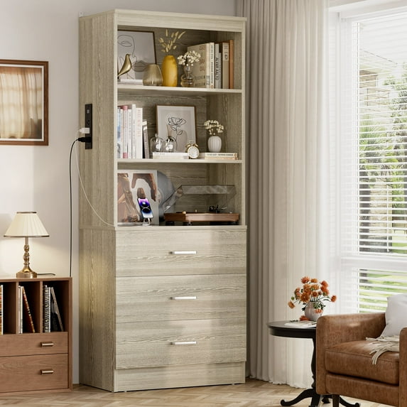 Homieasy 71" Tall Bookcases with 3 Large Drawers & 3 Shelves, Wooden Bookshelf for Living Room Office, with USB Ports & Outlets.White Oak