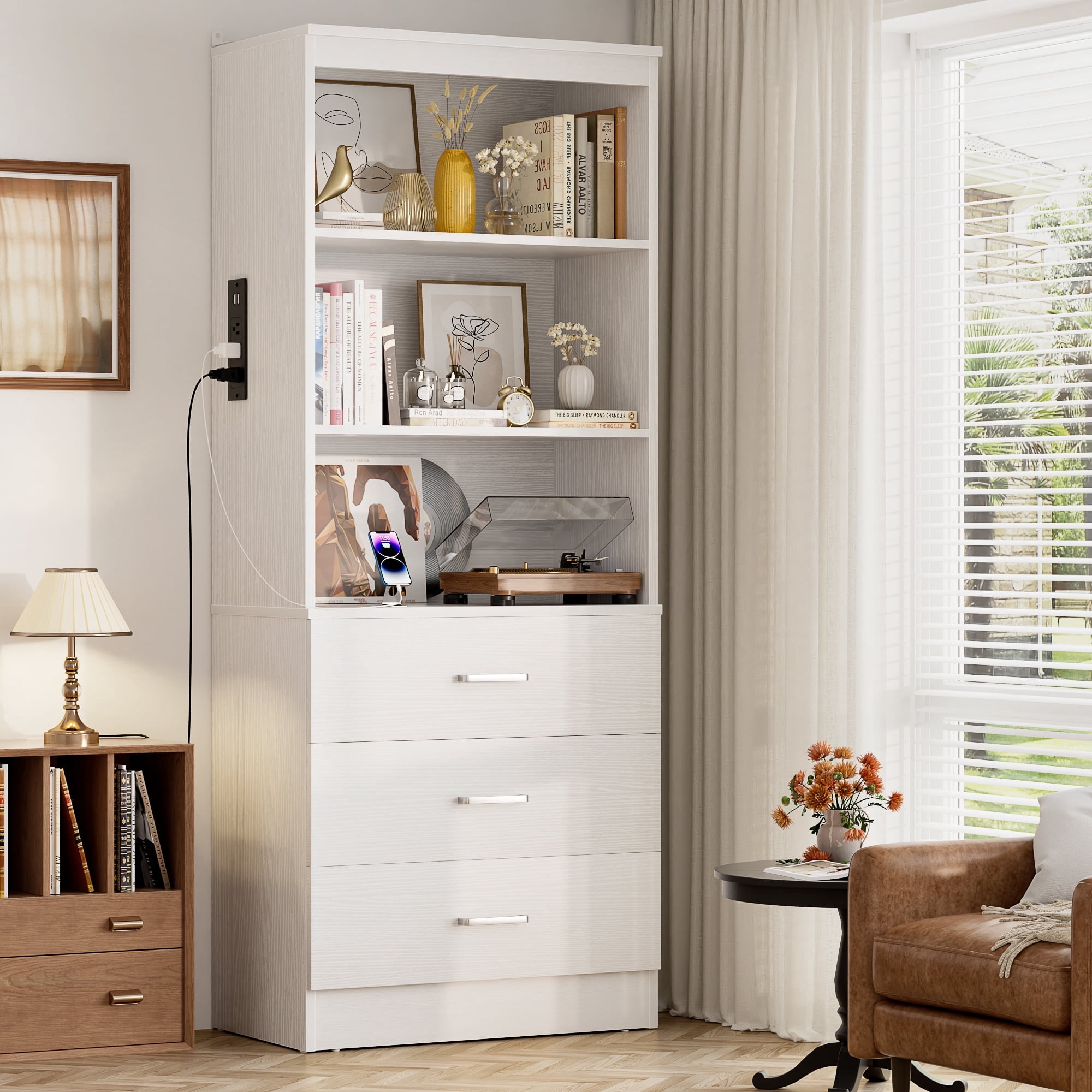 Homieasy 71" Tall Bookcases with 3 Large Drawers & 3 Shelves, Wooden Bookshelf for Living Room Office, with USB Ports & Outlets.White