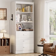 Homieasy 71 Tall Bookcases with 3 Large Drawers & 3 Shelves, Wooden Bookshelf for Living Room Office, with USB Ports & Outlets.White