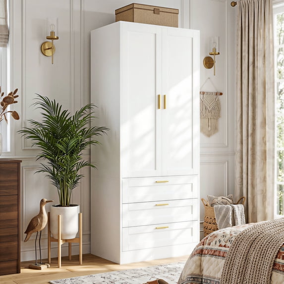 Homieasy 71" Tall Armoire Wardrobe Closet - 3 Drawers, Doors & Hanging Rod, Extra Deep 20" Bedroom Storage with Soft-Close Hinges,White