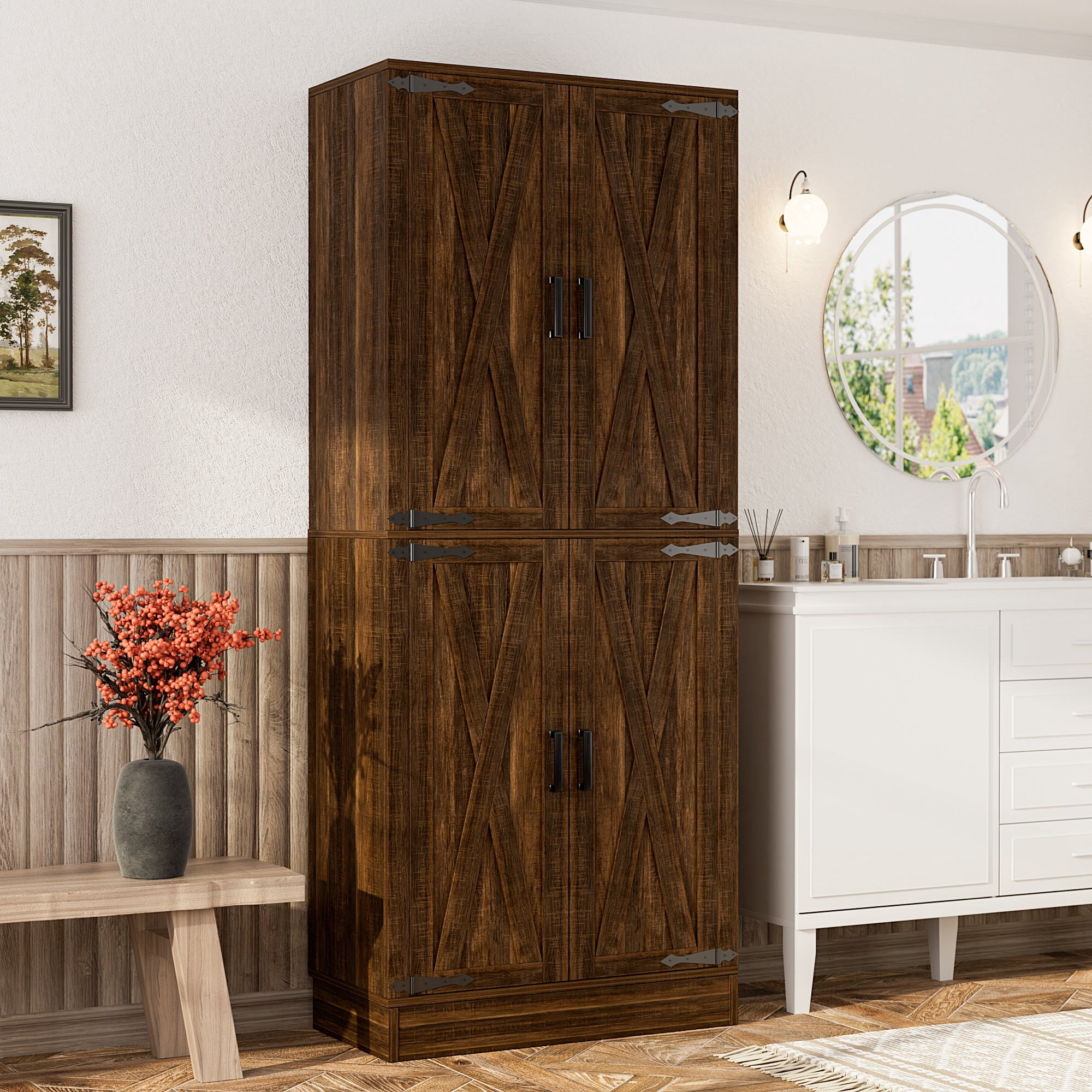 Homieasy 71'' Tall Farmhouse Bathroom Storage Cabinet, 7-Tier Linen Cabinet with Drawer & Adjustable Shelves, Cracked Oak