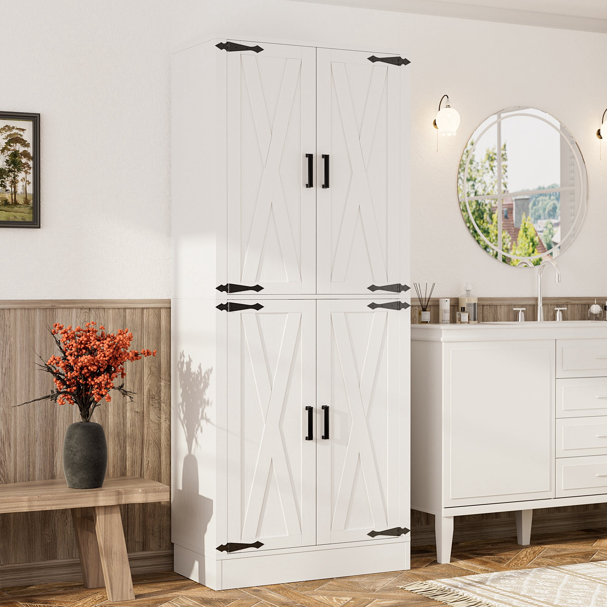 Homieasy 71'' Tall Farmhouse Bathroom Storage Cabinet, 7-Tier Linen Cabinet with Drawer & Adjustable Shelves, White