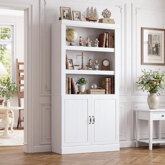 Homieasy 71" Tall Bookshelf with Doors, Thick Wood Bookcase with Adjustable Shelves, White