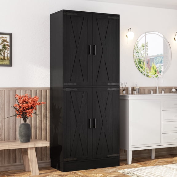 Homieasy 71'' Tall Farmhouse Bathroom Storage Cabinet, 7-Tier Linen Cabinet with Drawer & Adjustable Shelves, Black