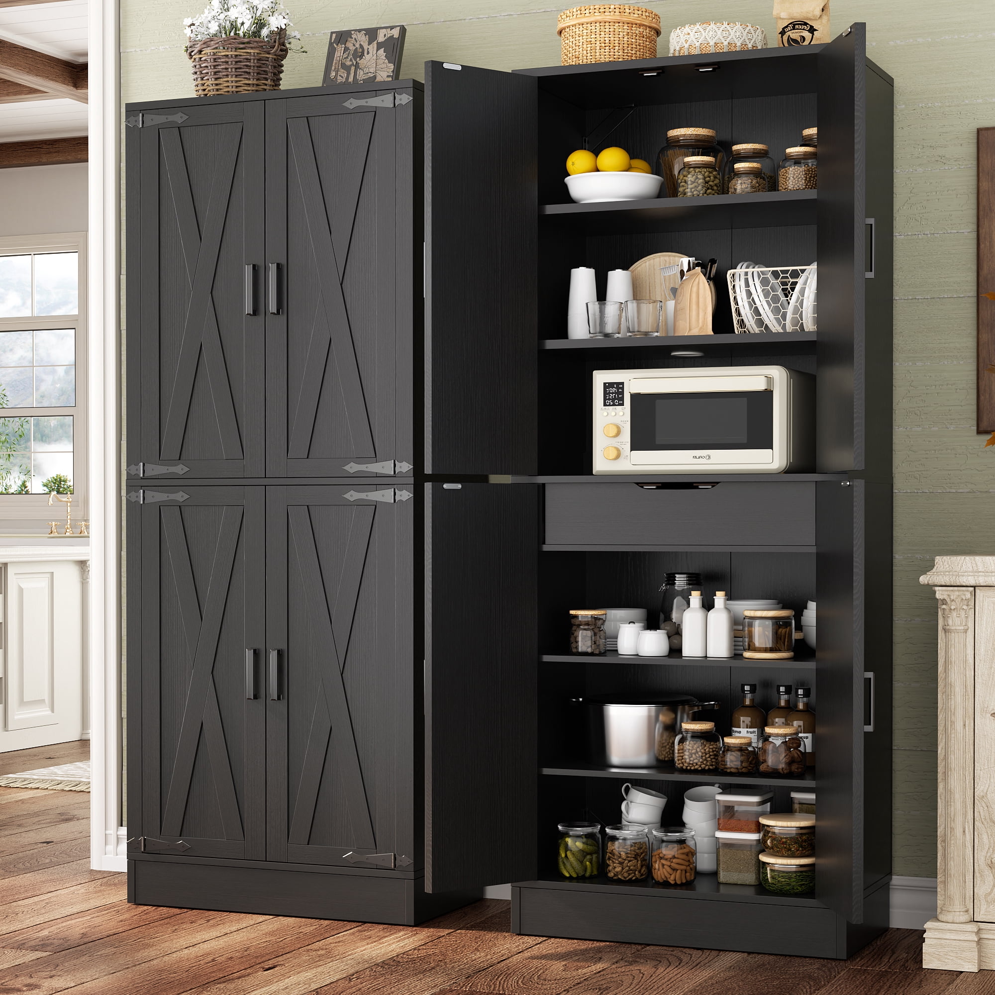 Homieasy 71'' Tall Farmhouse Pantry Cabinet 2 Piece Set, 6-Tier Pantry with Doors, Drawers & Adjustable Shelves, Black