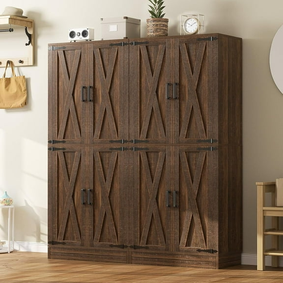 Homieasy 71'' Tall Farmhouse Kitchen Pantry Cabinet with Barn Doors, Drawers, and Adjustable Shelves, Freestanding Cupboard for Dining Room, Living Room, Utility Room, Retro Brown 2 Pack