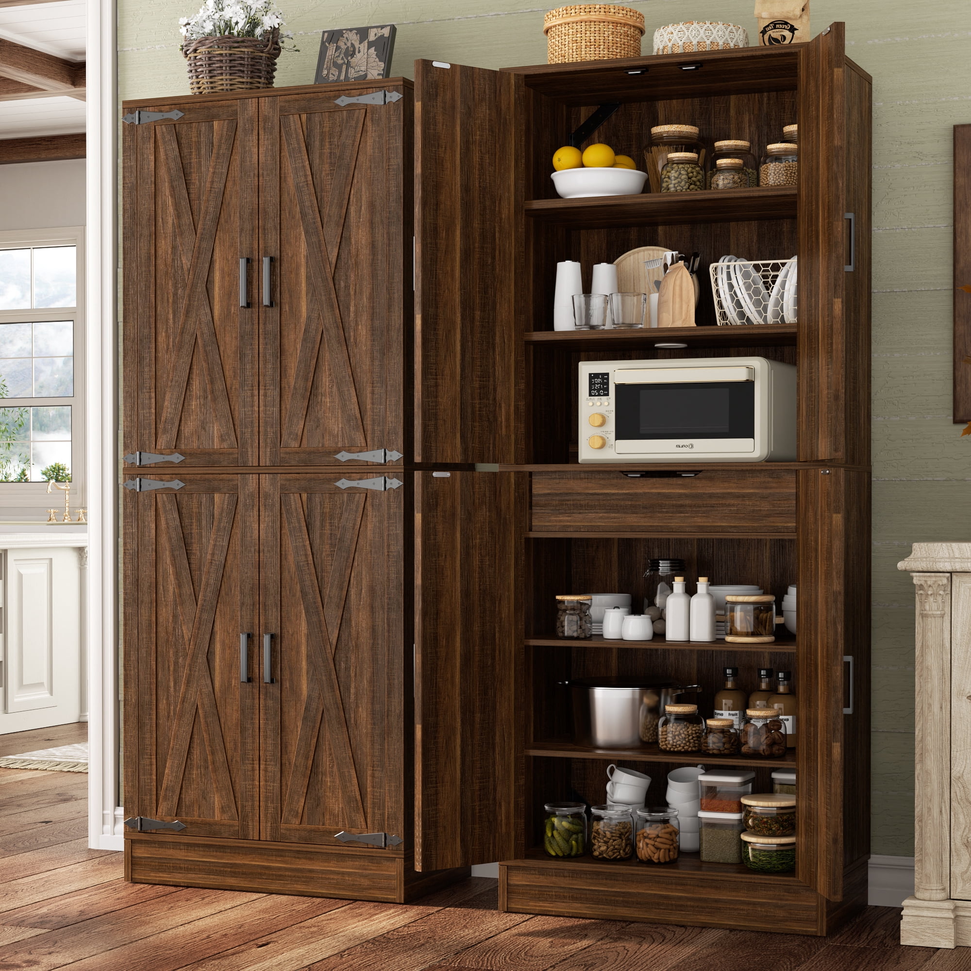 Homieasy 71'' Tall Farmhouse Pantry Cabinet 2 Piece Set, 6-Tier Pantry with Doors, Drawers & Adjustable Shelves, Retro Brown
