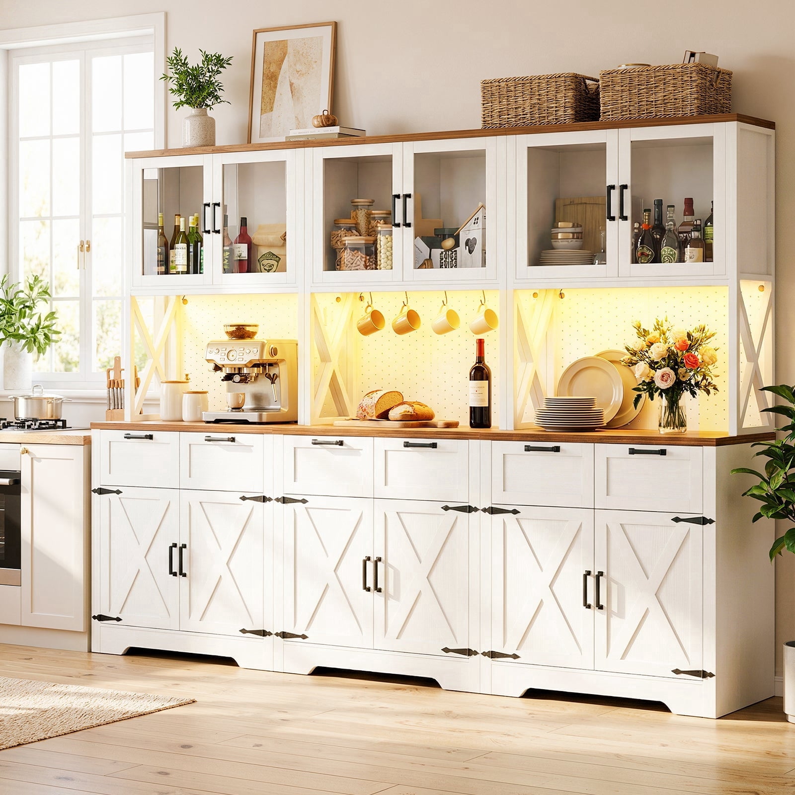 Homieasy 71'' Tall Farmhouse Pantry Cabinet with 6 Drawers and 12 Doors, 94.5'' Width 3-Piece Cupboard with Adjustable Shelves for Dining, Kitchen, Living Room, White & Brown