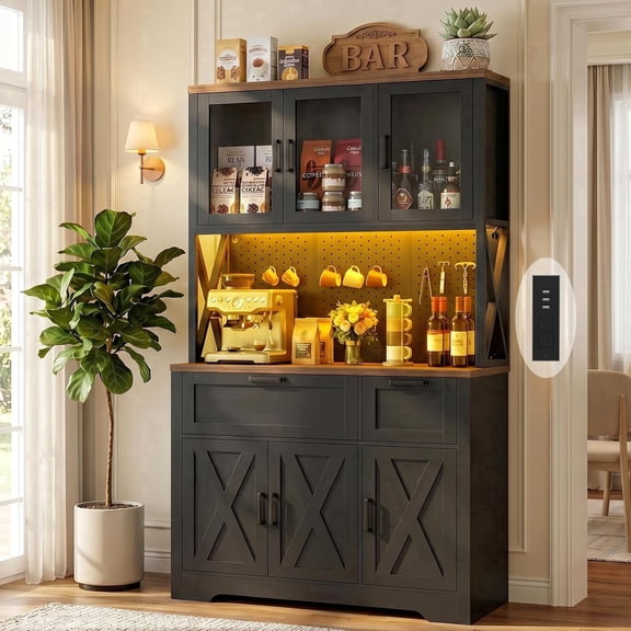 Homieasy 71'' Tall Farmhouse Pantry Storage Cabinet with Drawers, Charging Station, and Adjustable Shelves, Black & Rustic