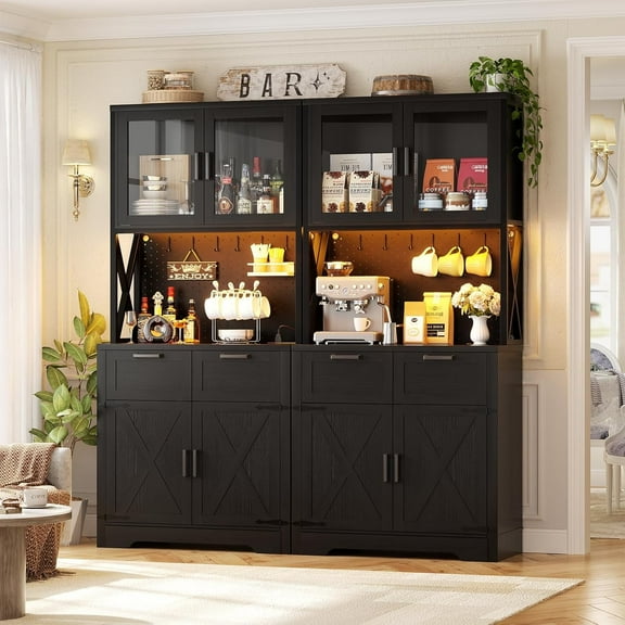Homieasy 71'' Tall Kitchen Pantry Storage Cabinet with LED Light & Outlet, Kitchen Hutch Cabinet with Large Countertop, DIY Pegboard and Drawers, Farmhouse Food Pantry, Black 2 Pack