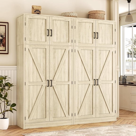 Homieasy 71” Tall Farmhouse Kitchen Pantry Cabinet with Adjustable Shelves and Barn Doors, Versatile Storage Cabinet for Dinning Room, Bathroom, Living Room, 2 Pack, White Oak