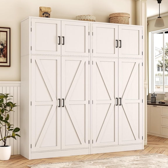 Homieasy 71” Tall Farmhouse Kitchen Pantry Cabinet with Adjustable Shelves and Barn Doors, Versatile Storage Cabinet for Dinning Room, Bathroom, Living Room, 2 Pack, White