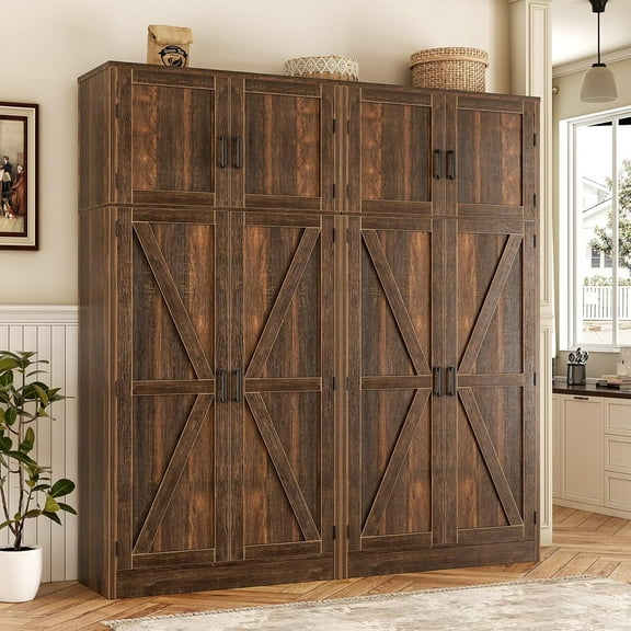 Homieasy 71” Tall Storage Cabinet, Farmhouse Kitchen Pantry Cabinet with Adjustable Shelves and Barn Doors, Large Bathroom Storage Cabinet, Storage Cupboard, Office, 2 Pack, Weathered Brown