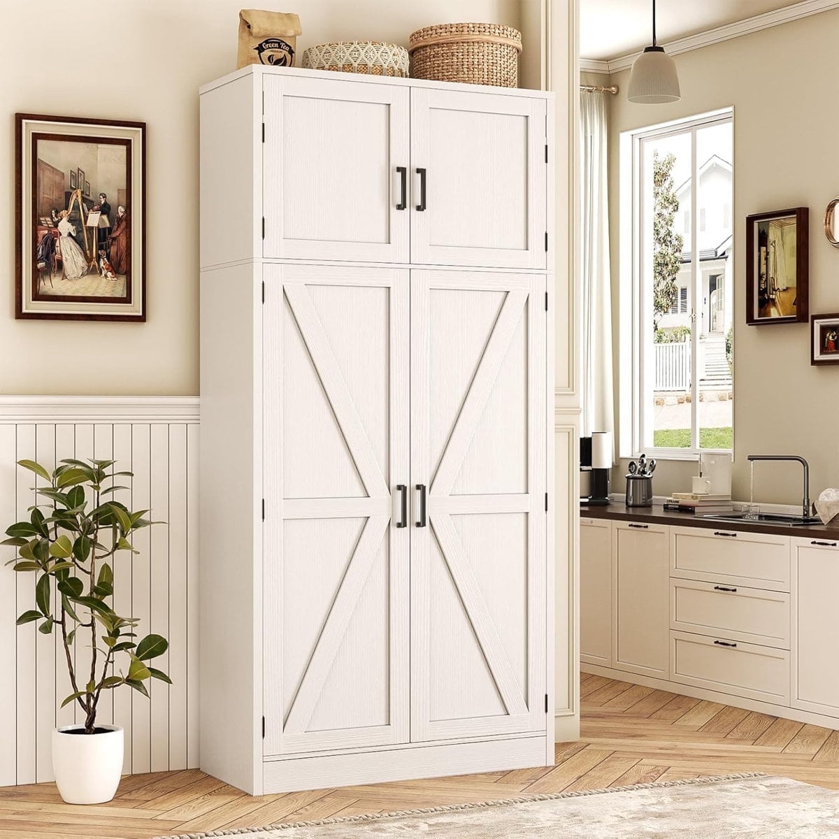 Homieasy 71” Tall Farmhouse Kitchen Pantry Cabinet with Adjustable Shelves and Barn Doors, Versatile Storage Cabinet for Dinning Room, Bathroom, Living Room, White