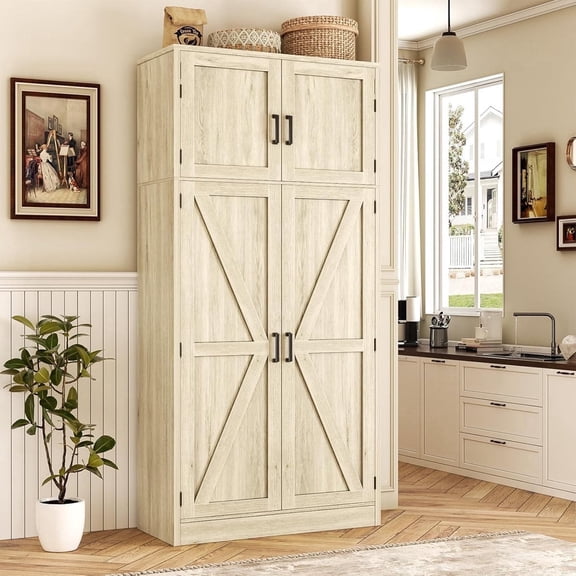 Homieasy 71” Tall Farmhouse Kitchen Pantry Cabinet with Adjustable Shelves and Barn Doors, Versatile Storage Cabinet for Dinning Room, Bathroom, Living Room, White Oak