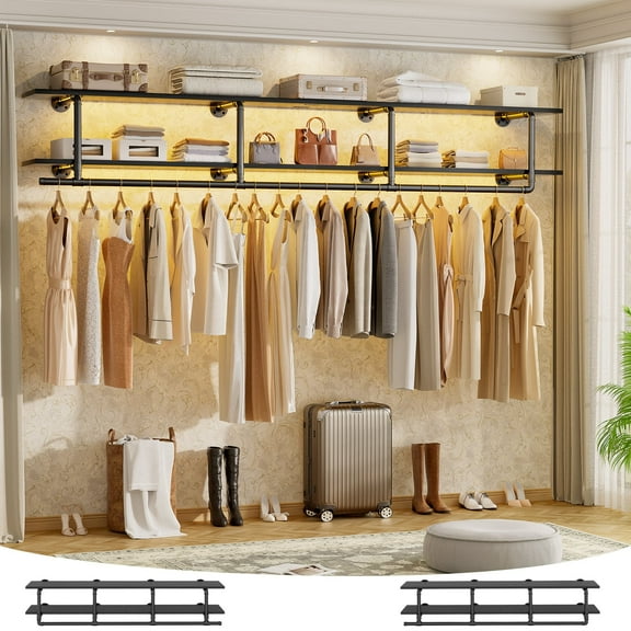 Homieasy 72.5'' Wall Mounted Clothes Rack with Top Shelf, 2 Tiers Industrial Pipe Clothing Rack, Space Saving Garment Rack with Hanging Rod for Closet, Bedroom, Laundry, Black