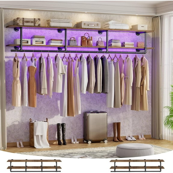 Homieasy 72.5'' Wall Mounted Clothes Rack with Top Shelf, 2 Tiers Industrial Pipe Clothing Rack, Space Saving Garment Rack with Hanging Rod for Closet, Bedroom, Laundry, Rustic Brown