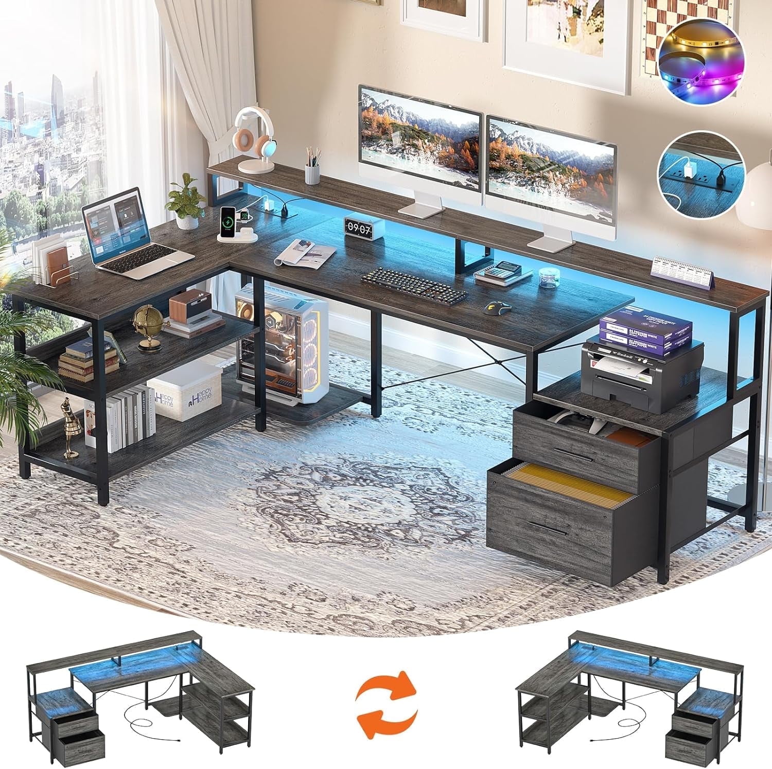 Homieasy 72.8" L Shaped Desk with File Drawer, Reversible Computer Desk with Power Outlet, LED Strip, Monitor Stand & Storage Shelf - Ideal for Gaming & Office, Black Oak