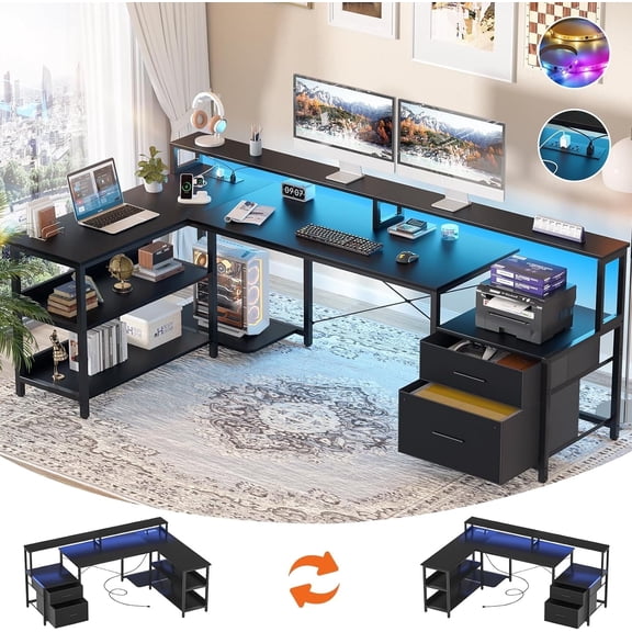 Homieasy L Shaped Desk with File Drawer, 72.8" Reversible L Shaped Computer Desk with Power Outlet & LED Strip, Gaming Desk with Monitor Stand, Office Desk Corner Desk with Storage Shelf, Black