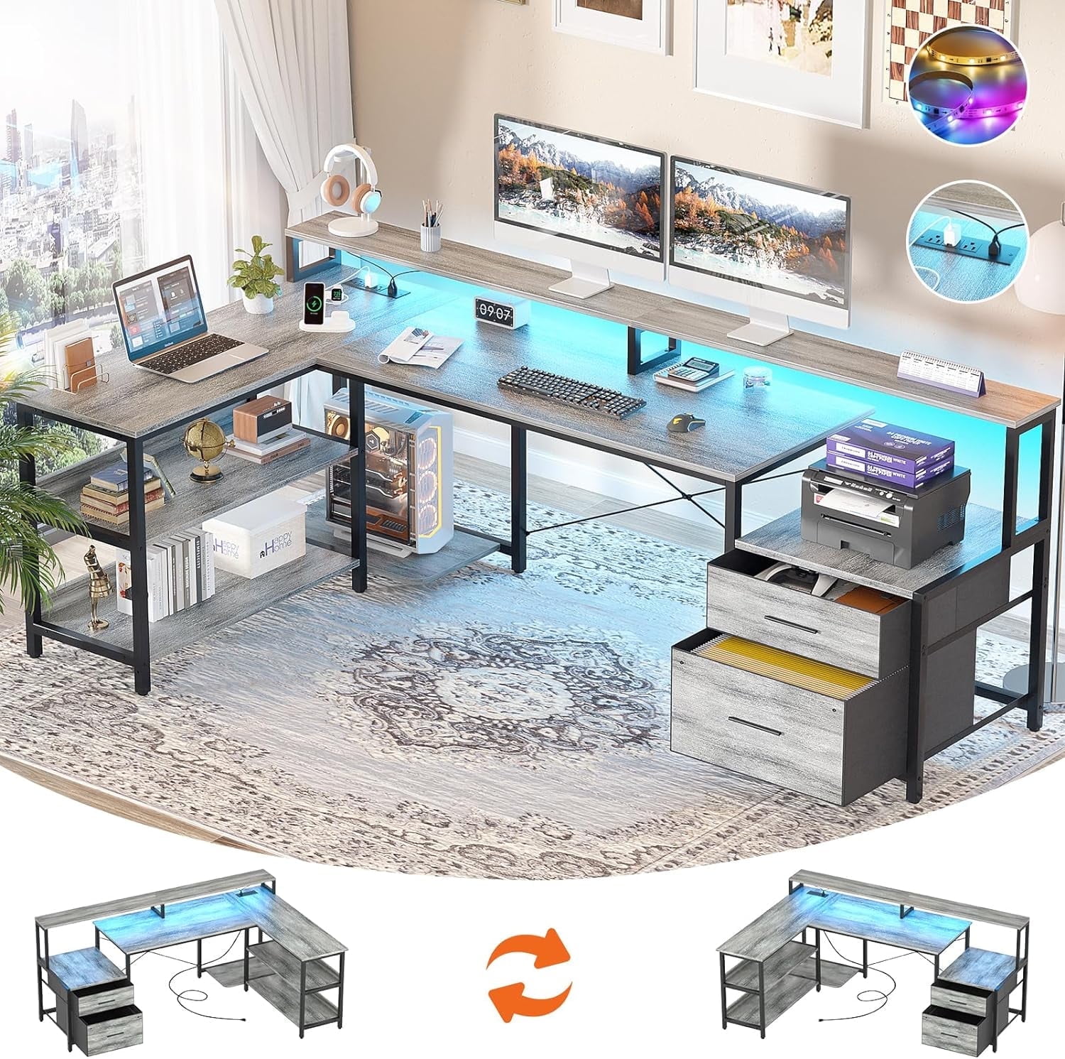 Homieasy L Shaped Desk with File Drawer, 72.8" Reversible L Shaped Computer Desk with Power Outlet & LED Strip, Gaming Desk with Monitor Stand, Office Desk Corner Desk with Storage Shelf, White Oak
