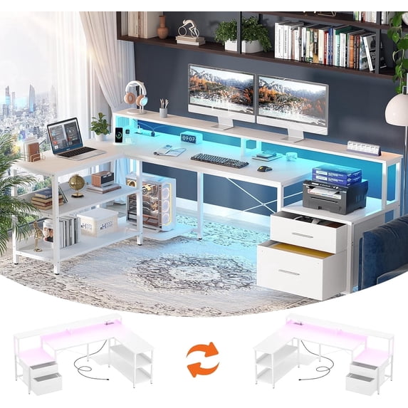 Homieasy L Shaped Desk with File Drawer, 72.8" Reversible L Shaped Computer Desk with Power Outlet & LED Strip, Gaming Desk with Monitor Stand, Office Desk Corner Desk with Storage Shelf, White
