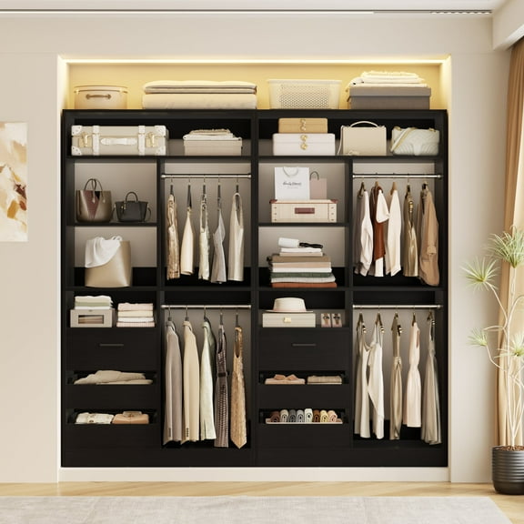 Homieasy 72'' Closet System 2-Piece Set with 6 Drawers, Walk-in Closet Organizer with Hanging Rods & Shelves, Closet Organizers and Storage Unit for Home, Black