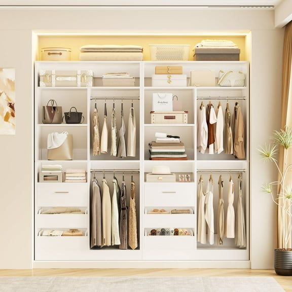 Homieasy 72'' Closet System 2-Piece Set with 6 Drawers, Walk-in Closet Organizer with Hanging Rods & Shelves, Closet Organizers and Storage Unit for Home, White