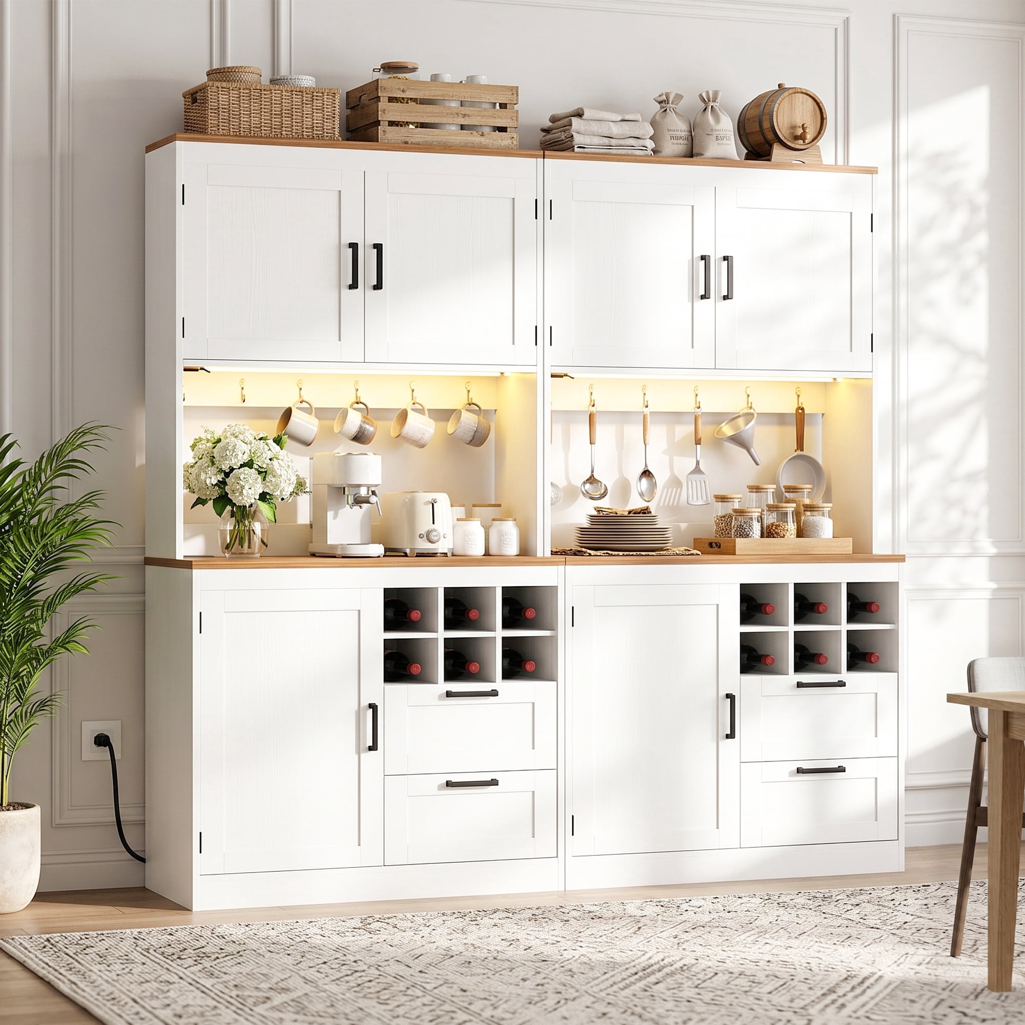 Homieasy 72'' Tall Pantry Cabinet with Outlet & LED Light, 63'' Wide Kitchen Hutch Bar with Microwave Stand, Drawers, Wine Rack & Shelves, Cupboard for Dining Room, White & Walnut