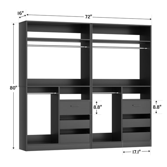 Homieasy 72''W x 16''D x 80''H Closet Organizer System 2-Piece Set, Heavy Duty Closet System with 6 Drawers, 4 Hanging Rods & Shelves for Closet/Bedroom/Apartment, Black
