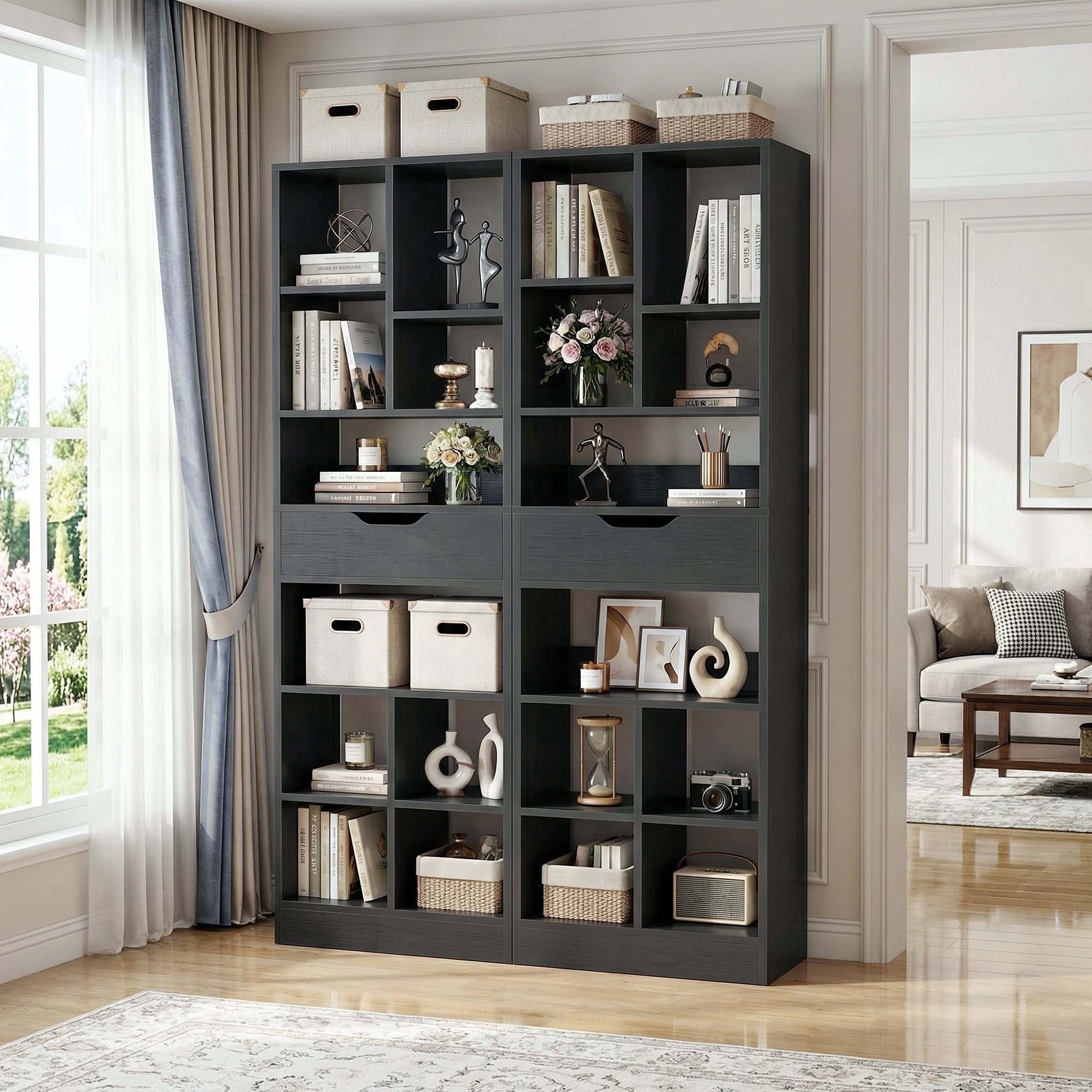 Homieasy 73.6''Tall 10-Cube Bookcase with Drawer and Adjustable Shelves(2-Piece Set), Black