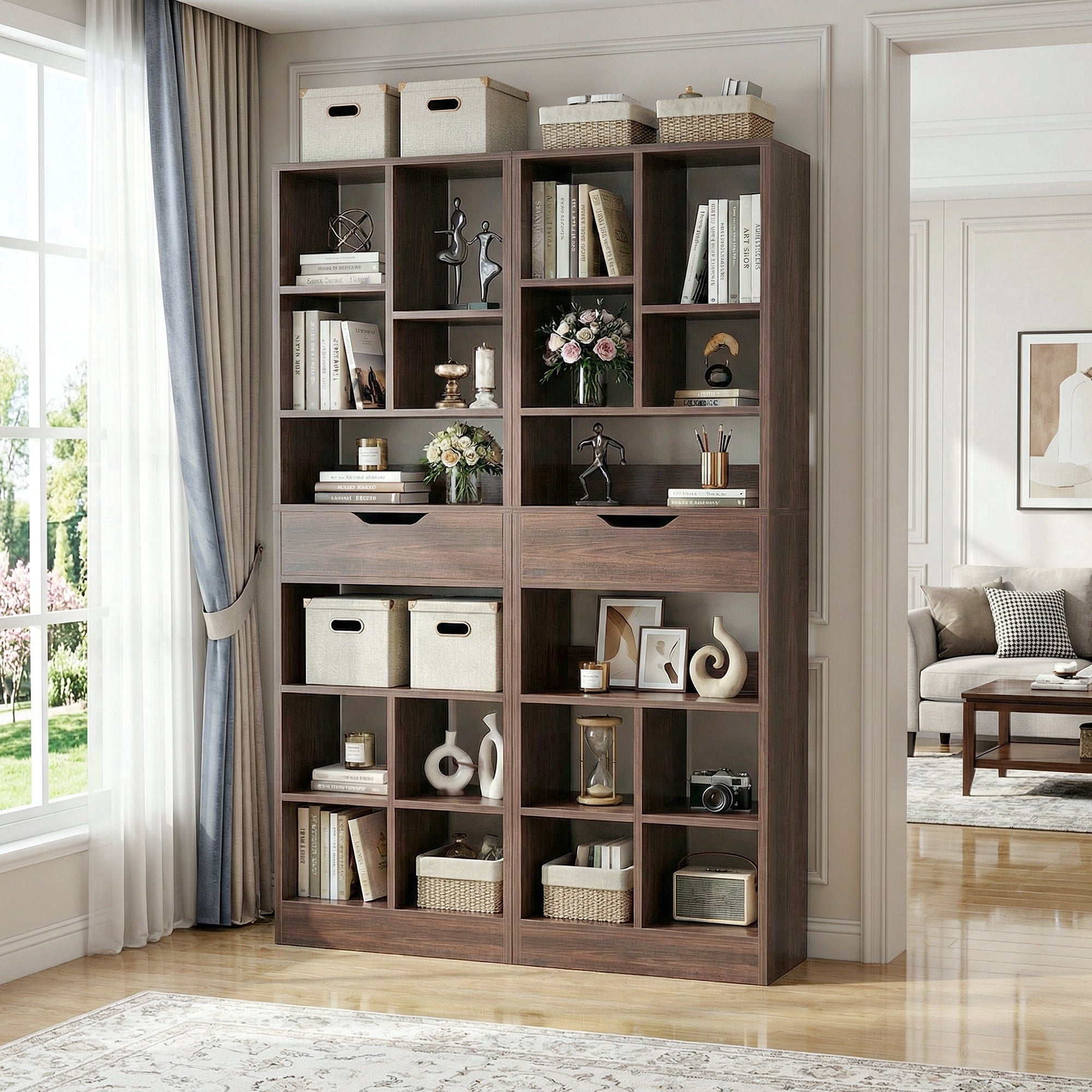 Homieasy 73.6''Tall 10-Cube Bookcase with Drawer and Adjustable Shelves(2-Piece Set), Walnut