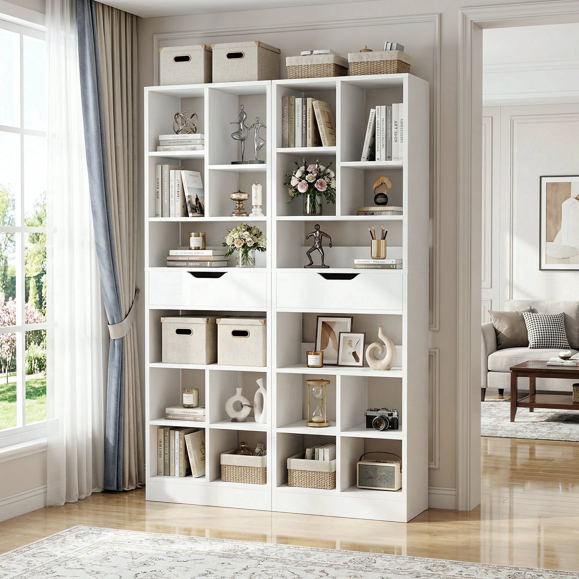 Homieasy 73.6''Tall 10-Cube Bookcase with Drawer and Adjustable Shelves(2-Piece Set), White
