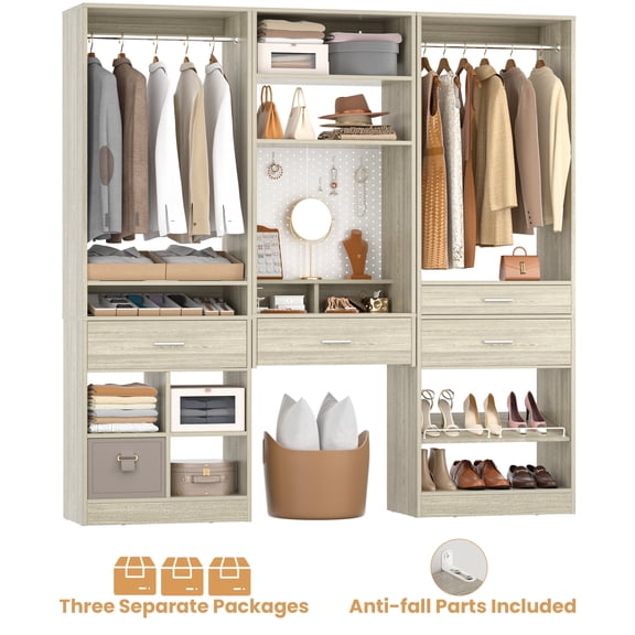 Homieasy 75" Freestanding Wardrobe Closet System with Adjustable Shoe Shelves and Drawers - Modern White Storage Organizer with Magnetic Pegboard, Compartmentalized Drawers,and Hanging Rods,White Oak