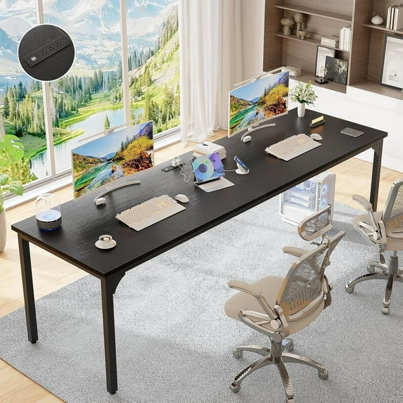 Homieasy 78.7" 2 Person Desk with Power Outlet and USB Ports, Long Double Table Home Office Computer Desk, Modern Study Writing Desk Workstation, Sturdy Metal Frame, for Home & Office, Black
