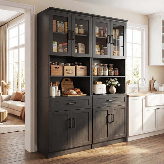 Homieasy 79.7" Tall Kitchen Pantry Storage Cabinet, Freestanding Kitchen Hutch Cabinet with Glass Door, Adjustable Shelves and Drawer, 2 Pack, Black