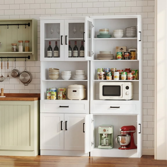 Homieasy 79.7" Tall Kitchen Pantry Storage Cabinet, Freestanding Kitchen Hutch Cabinet with Glass Door, Adjustable Shelves and Drawer, 2 Pack, White