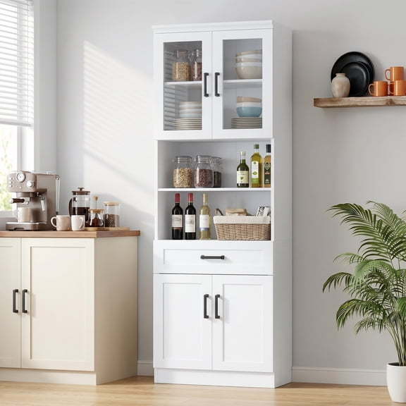 Homieasy 79.7" Tall Kitchen Pantry Storage Cabinet, Freestanding Kitchen Hutch Cabinet with Glass Door, Adjustable Shelves and Drawer, White