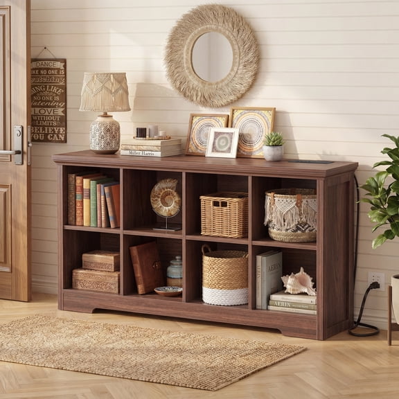 Homieasy 8-Cube Organizer, 50'' Width Cube Bookcase with Power Outlet and 9 Open Storage Shelves for Living Room, Bedroom, Walnut