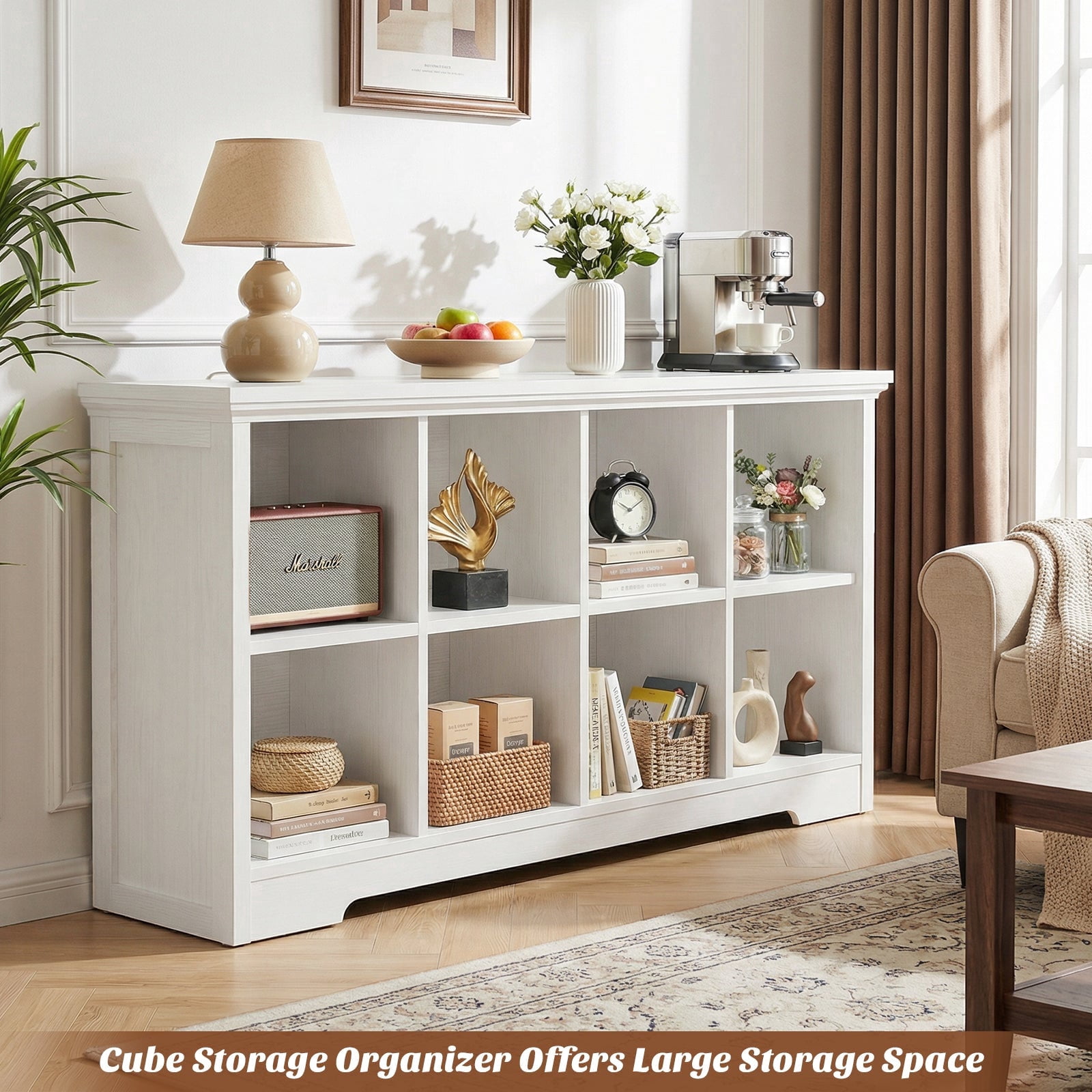 Homieasy 8-Cube Organizer, 50'' Width Cube Bookcase with Power Outlet and 9 Open Storage Shelves for Living Room, Bedroom, White