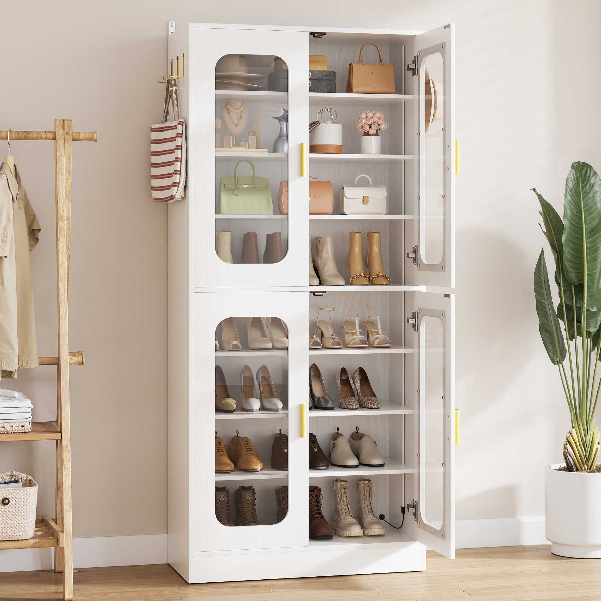Homieasy 8-Tier LED Shoe Cabinet with Adjustable Shelves - 67 inch Tall Shoe Racks with Hooks for Entryway, Living Room, 24-32 Pairs,White