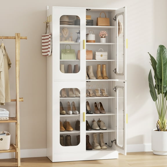 Homieasy 8-Tier LED Shoe Cabinet with Adjustable Shelves - 67 inch Tall Shoe Racks with Hooks for Entryway, Living Room, 24-32 Pairs,White