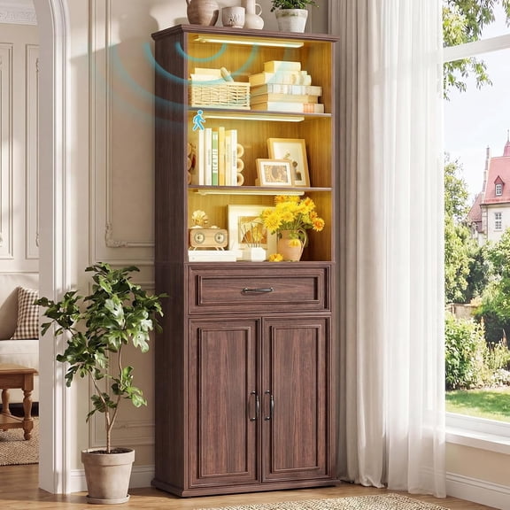 Homieasy 80'' Extra Tall Bookcase with 3 Motion-Sensor Lights, Drawer, and Adjustable Shelves, Walnut