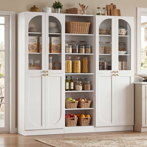 Homieasy 80'' H Farmhouse Pantry Cabinet 3 Piece with Arched Doors and Adjustable Shelves, 62.9'' W Storage Cabinet for Dining, Kitchen, White