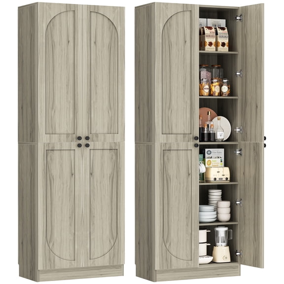 Homieasy 80" Kitchen Pantry, Extra Tall Arch Storage Cabinet with 4 Doors and Adjustable Shelves, Freestanding Wood Cupboard with Seamless Fit Wall, Natural