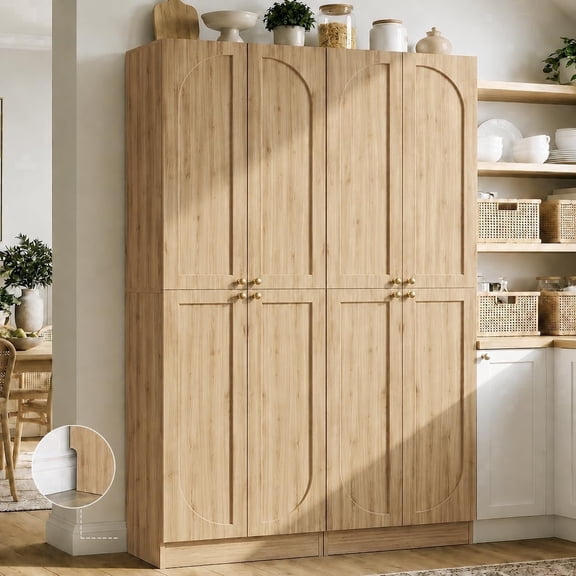 Homieasy 80" Kitchen Pantry, Extra Tall Arch Storage Cabinet with 8 Soft Close Doors and Adjustable Shelves, Natural
