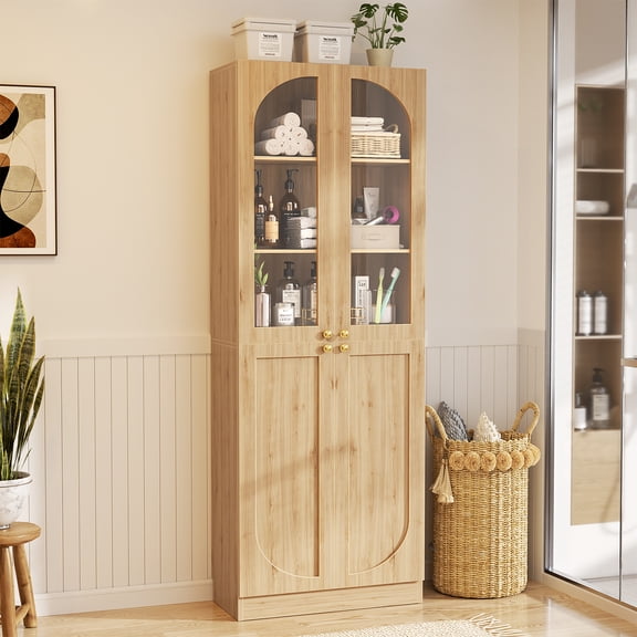 Homieasy 80'' Tall 6-Tier Bathroom Storage Cabinet, Linen Cabinet with Glass Doors and Adjustable Shelves, Nature Oak