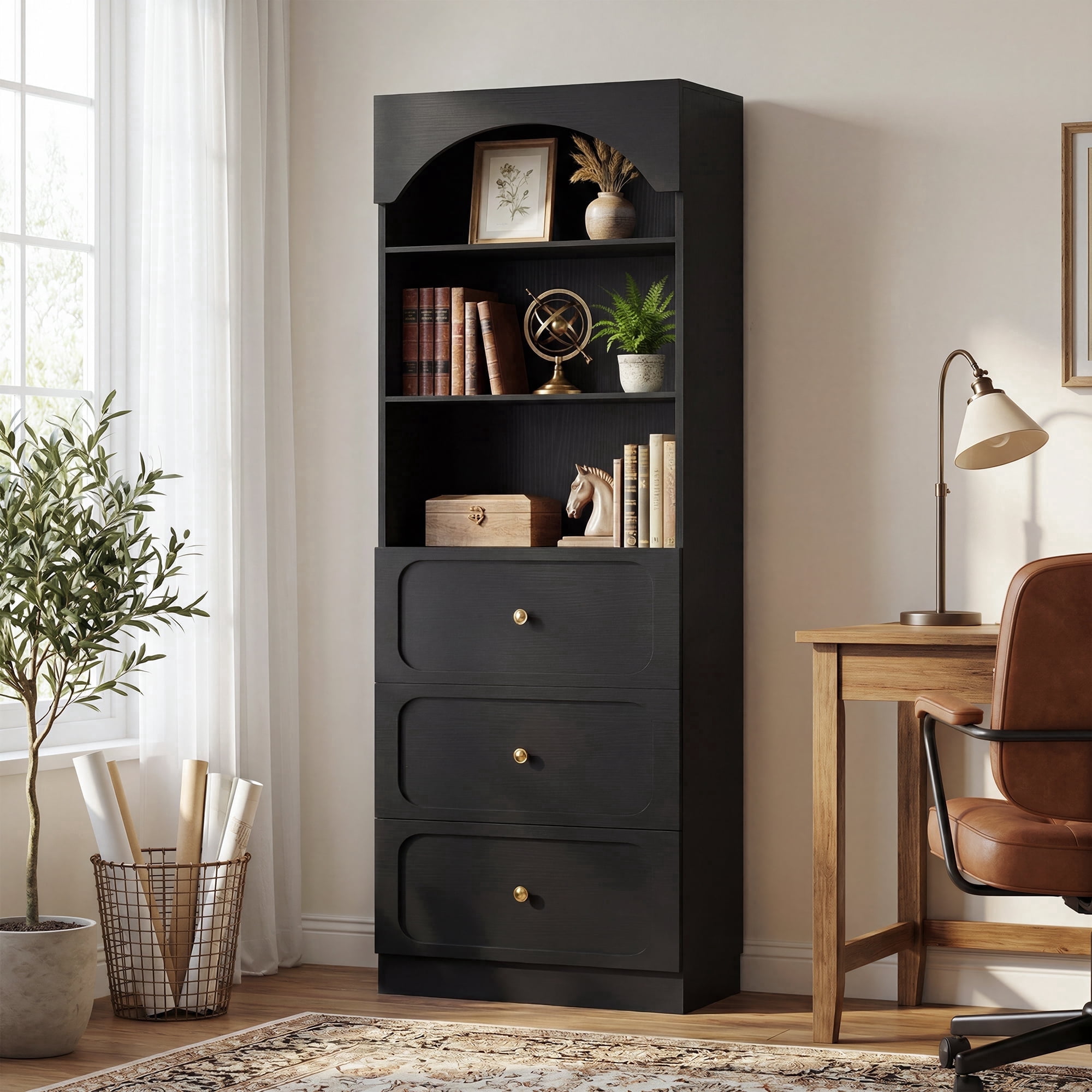 Homieasy 80" Tall Arched Bookcase with 3 Drawers & 3 Open Shelves - Wooden Storage Cabinet for Living Room, Kitchen, Office,Black